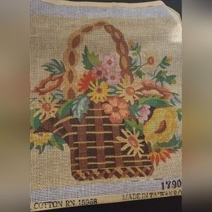 Vintage Needlepoint Kit Basket of Flowers. Perfect craft project. Grandmacore.